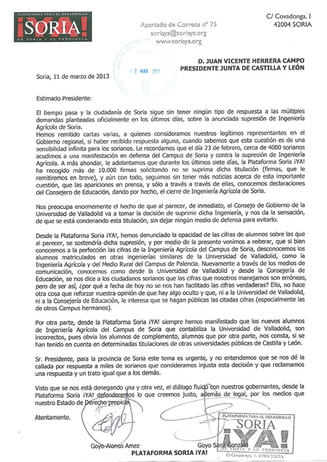 Carta registrada en la Delegación