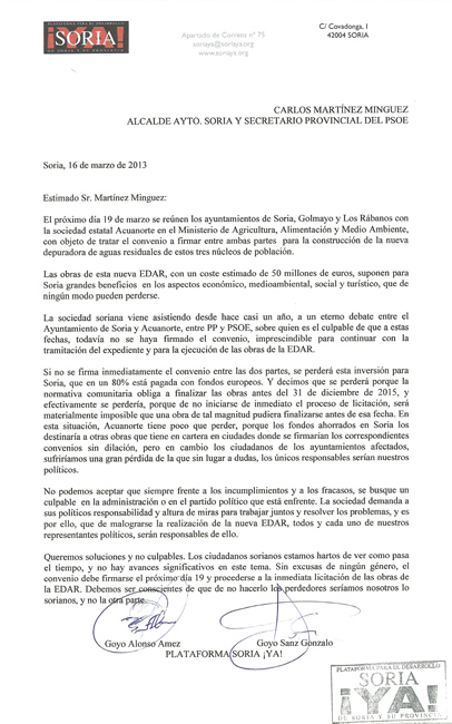 Carta enviada a Carlos Martínez
