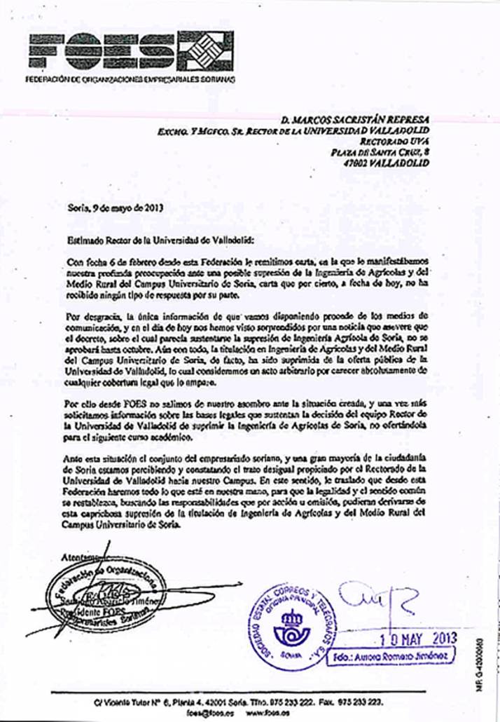 Burofax remitido al rector de la UVa