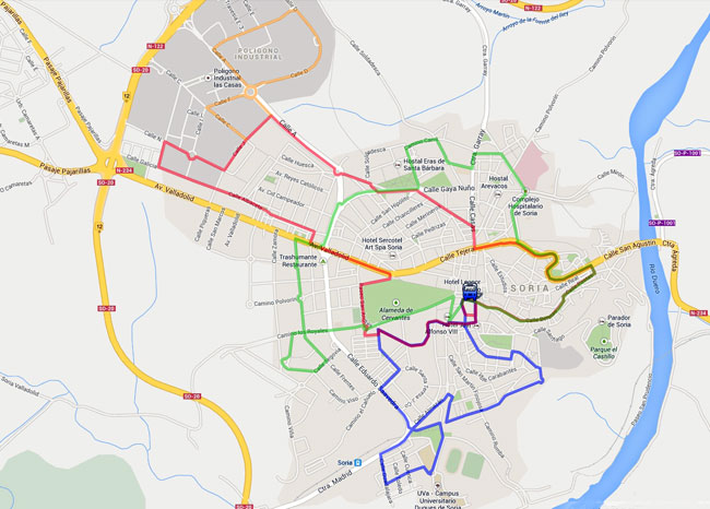 Mapa con los trazados de las líneas del transporte urbano de Soria (coloes rojo, azul y verde)