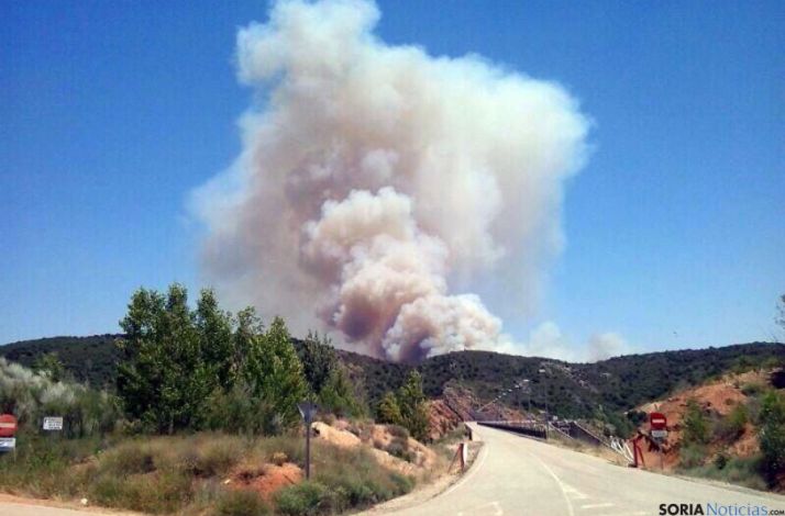 La enorme columna de humo del incendio en la localidad alcarreña. / SN