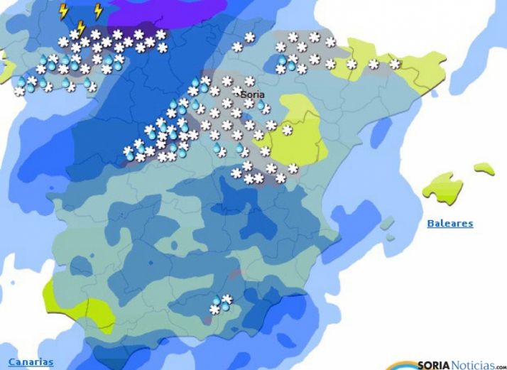 Posición de la borrasca a las 22.00 horas, según la web eltiempo.es