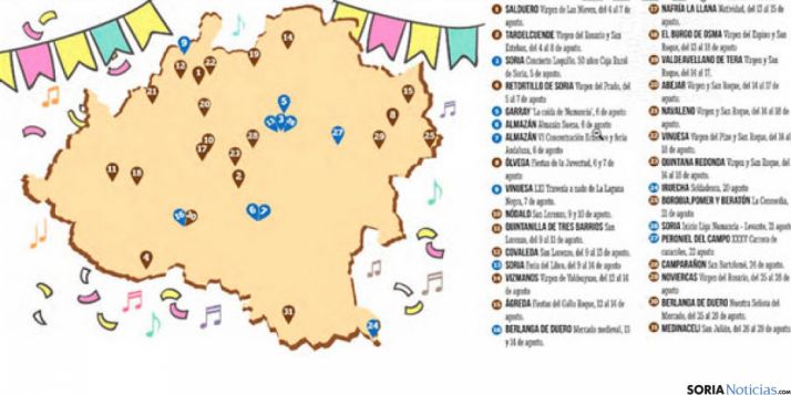 Mapa de la provincia con las fiestas de este mes de agosto.