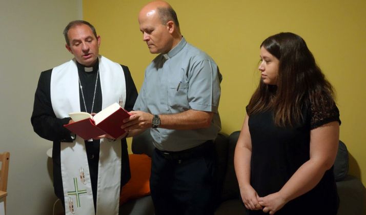 Martínez Varea, Ramírez y Barrena en la bendición de las instalaciones. /DOS 