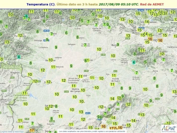 Registro de temperaturas la madrugada del martes. / AEMET