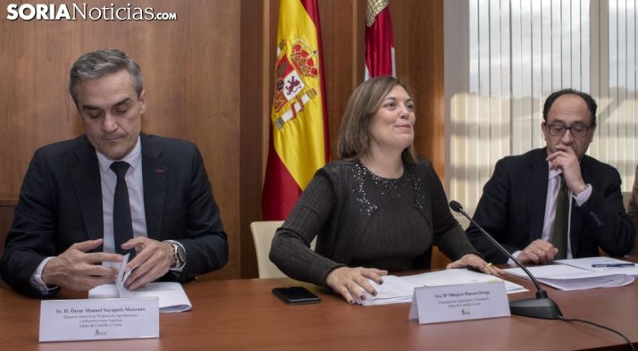 Milagros Marcos, entre el director de Infraestructuras Agrarias (izda.) y el delegado de la Junta. /SN