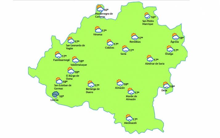 Previsión a las 14:00 h de este jueves. /eltiempo.es