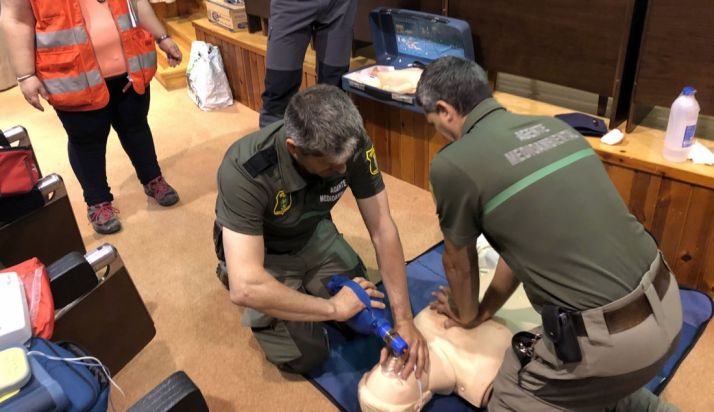 Agentes medioambientales de la Junta en el curso sobre la utilización del DESA. /Jta.