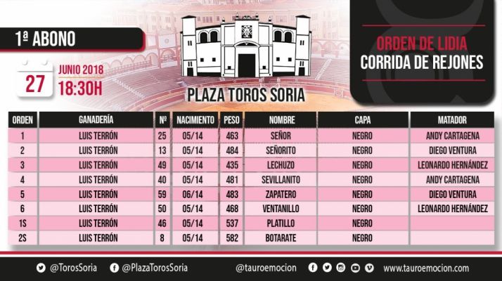 El orden y los toros de la corrida de rejones de este Miércoles el Pregón.