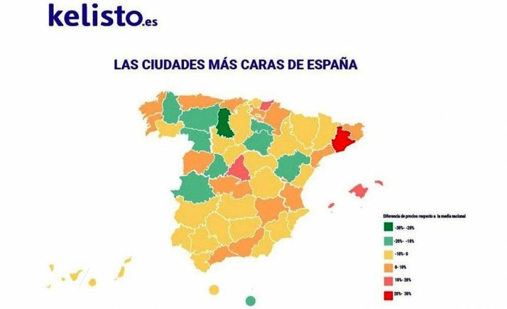 Mapa con los precios de las ciudades españolas. /Kelisto.es