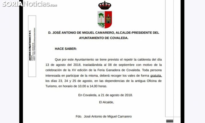 El texto difundido por la Alcaldía covaledense. /SN