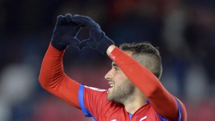 Higinio celebra el 1-0 en Soria. LaLiga 