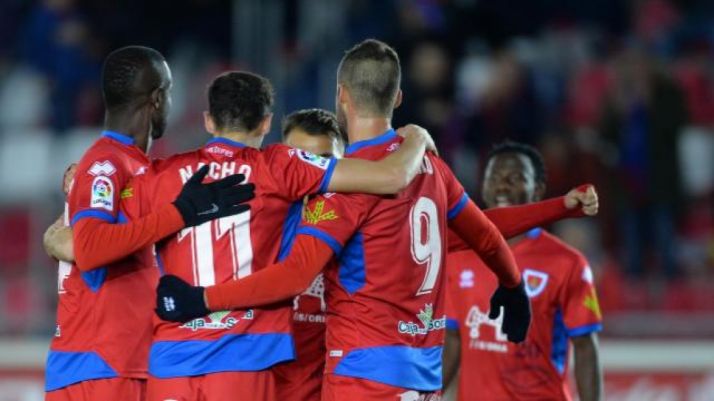 El Numancia celebra el 3-0 en Los Pajaritos ante el Nàstic. LaLiga 