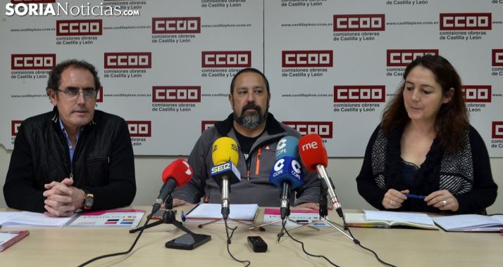 Del Río, Moreno y Álvarez este lunes en rueda de prensa en CCOO Soria. /SN
