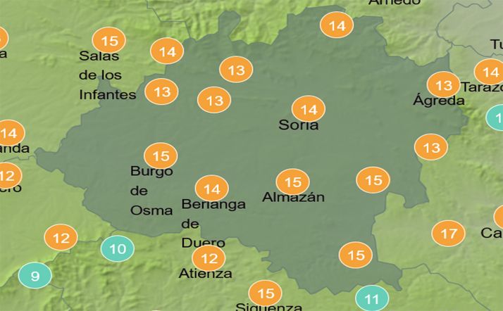 Previsión de temperaturas a las 15:00 horas. /Aemet