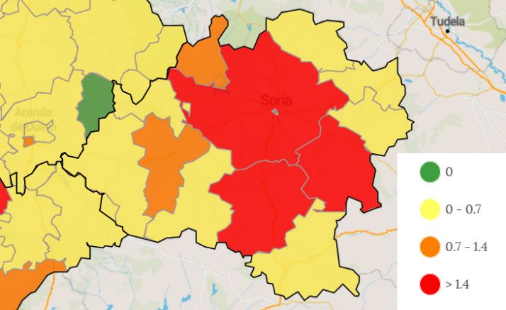 Porcentaje de personas enfermas en los últimos 14 días por número de tarjetas sanitarias en cada zona básica de salud.