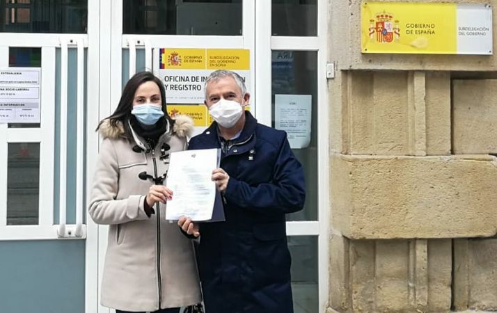 Miembros de la plataforma ante la sede de la Subdelegación del Gobierno este miércoles. /Soria Ya