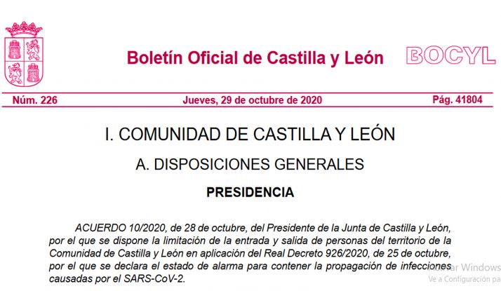 El Bocyl recoge el acuerdo de cierre de la Comunidad y las medidas de contención de la pandemia 