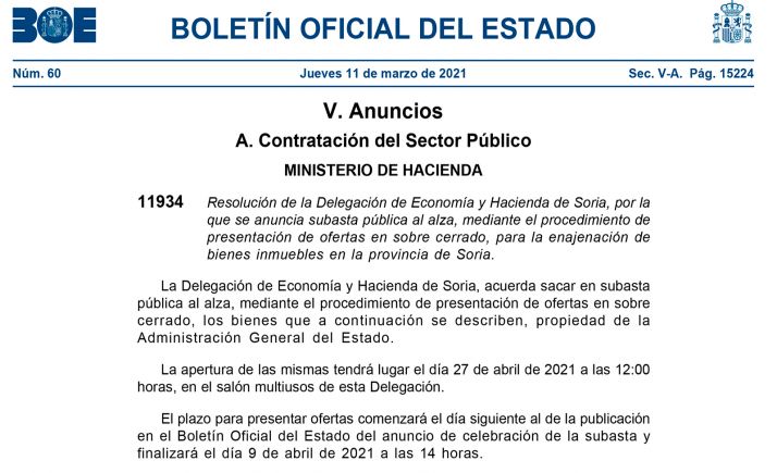 El BOE anuncia la subasta de fincas en Casarejos, Castro, Valvenedizo y Monteagudo de las Vicarías