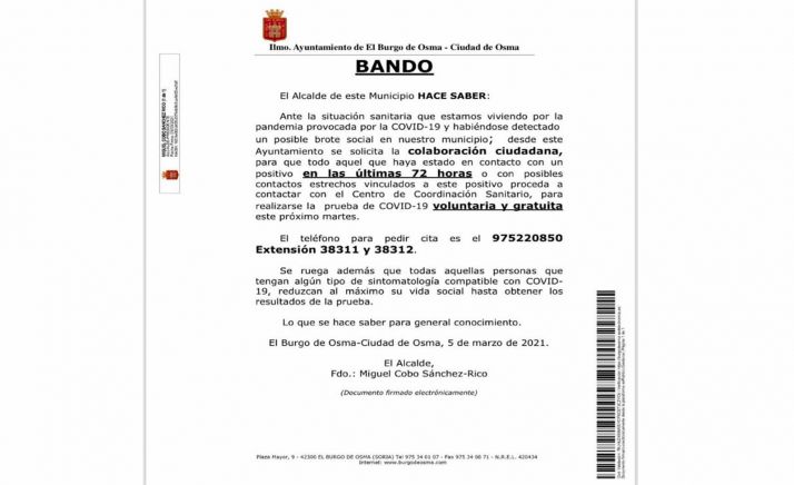 La Junta anuncia un cribado puntual en El Burgo de Osma para el martes