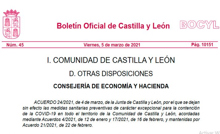 El Bocyl recoge el cese de las medidas preventivas excepcionales de contención del virus