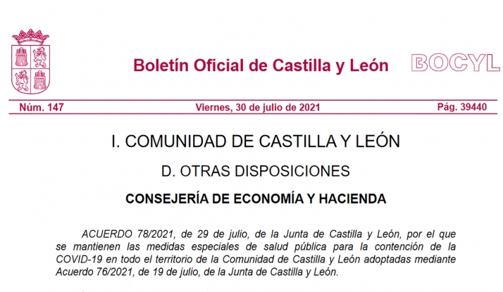 El Bocyl publica el mantenimiento de las medidas especiales para la contención del virus