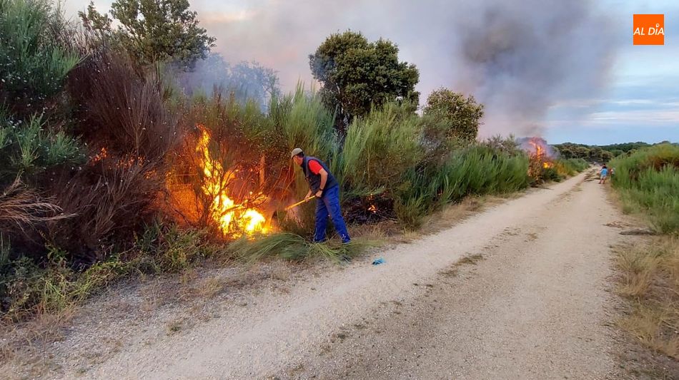 VEcinos de Olmedo de Camaces trataban de frenar las llamas antes de la llegada de los bomberos / FOTOS: MANUEL NICOLÁS BOGAZ