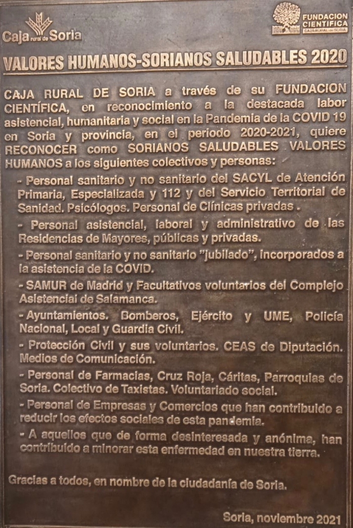 La Fundación Científica Caja Rural de Soria colocará el lunes 22 la placa de los Valores Humanos-Sorianos Saludables 2020-2021