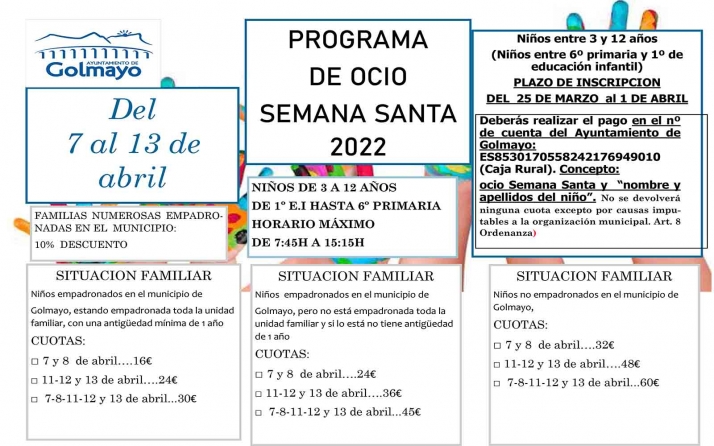 Golmayo abre las inscripciones de ocio y tiempo libre infantil para Semana Santa