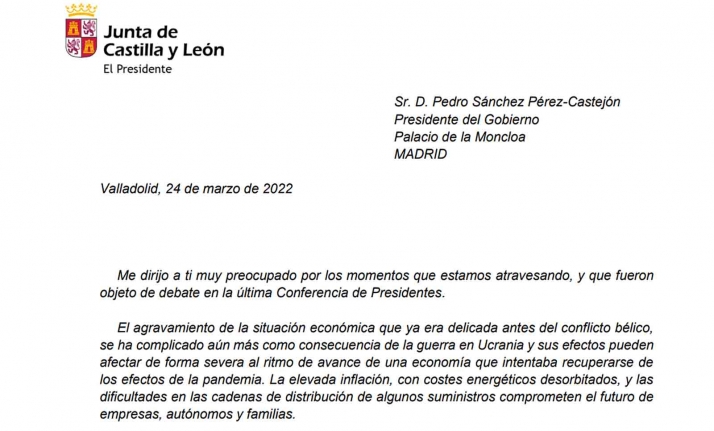 Mañueco urge al presidente del Gobierno a bajar los impuestos y habilitar ayudas para los sectores productivos más afectados