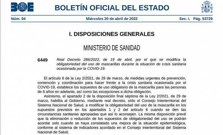 Consulta el BOE de hoy sobre el uso de la mascarilla