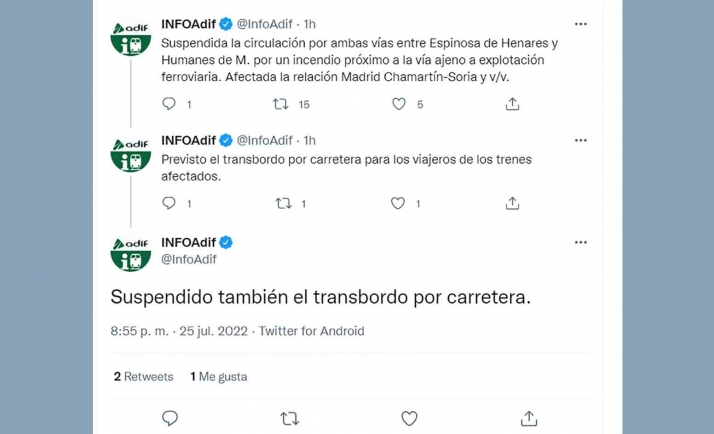 Un incendio en Guadalajara cierra la línea Soria-Madrid