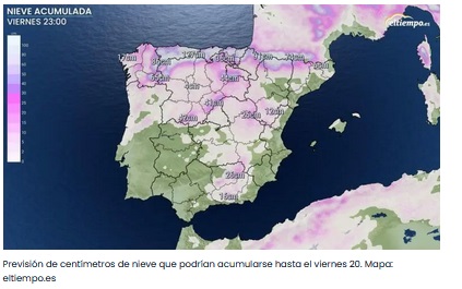 Previsión de acumulación de nieve para el viernes. /eltiempo.es