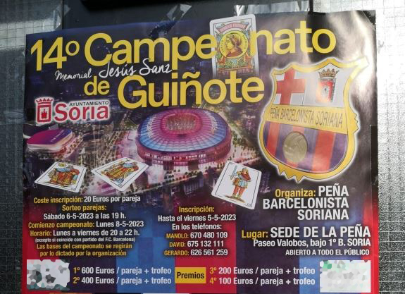 Disfruta del 14º Campeonato de Guiñote de la Peña Barcelonista Soriana el próximo 8 de mayo