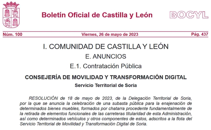 Salen a subasta diversos materiales y vehículos de la Junta en Soria por 65.000 euros