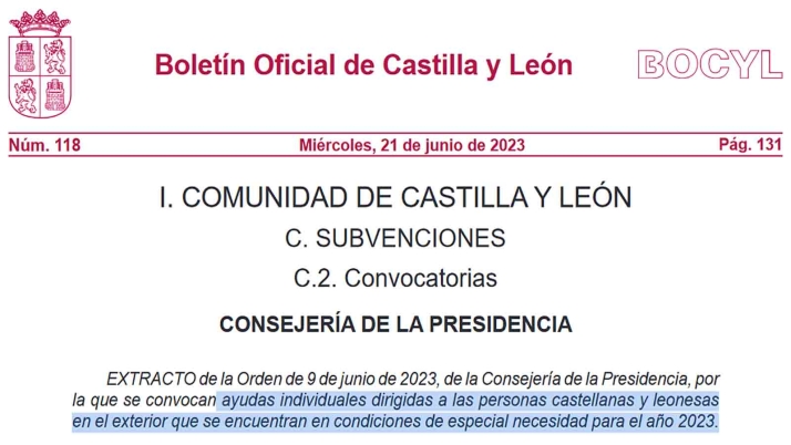 La Junta convoca las ayudas individuales destinadas a los castellano-leoneses en el exterior que se hallan en situación de especial necesidad