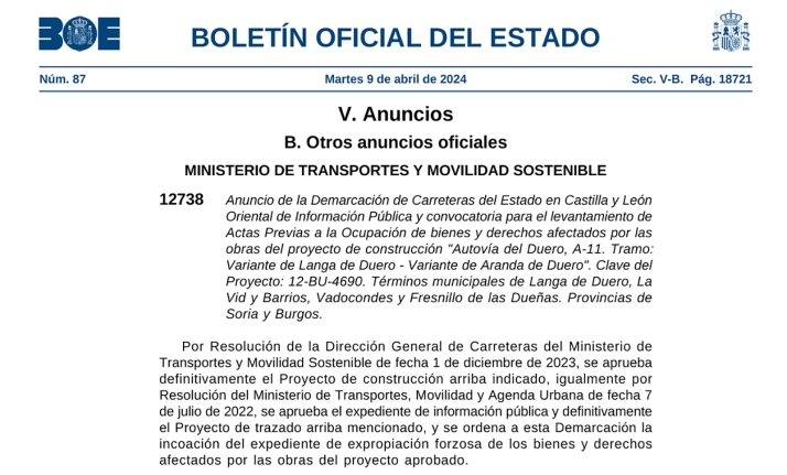 Abierto el proceso de expropiación de terrenos para la A-11 entre Langa y Aranda