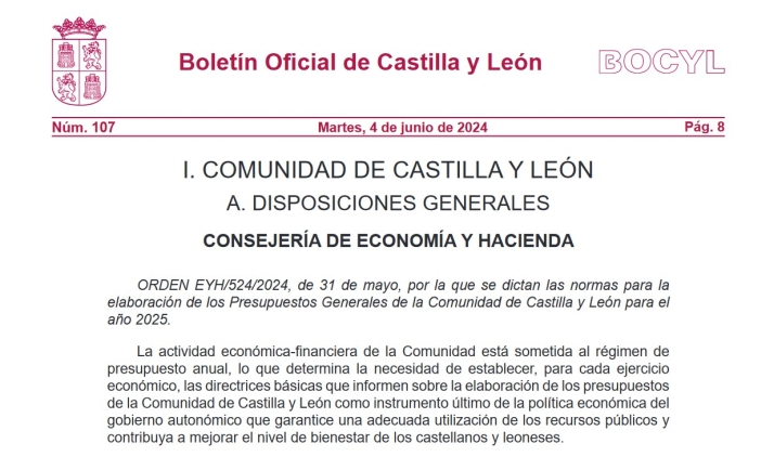 La Junta publica la Orden de elaboración de los Presupuestos de Castilla y León para 2025 