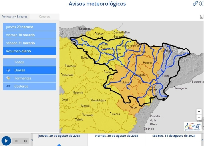 Debido a las lluvias, se intensifica la vigilancia en cauces con cuenca vertiente pequeña y barrancos en toda la cuenca del Ebro, salvo la parte más oriental  