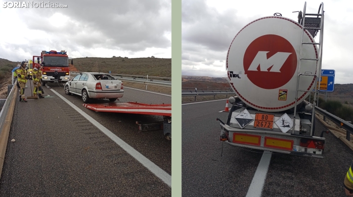 La colisión entre un turismo y un camión cargado con amoniaco obliga al cierre de un carril de la A-2 en Arcos