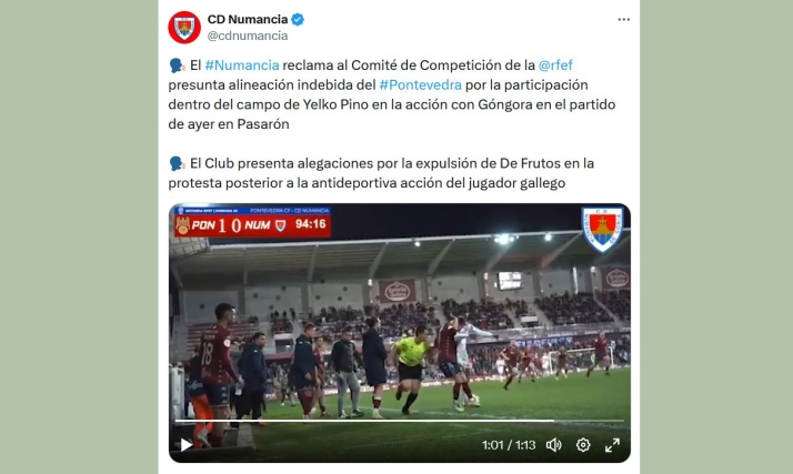 El Numancia reclama a la RFEF alineación indebida durante el partido contra el Pontevedra