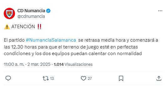 El Numancia-Salamanca se retrasa por la nieve