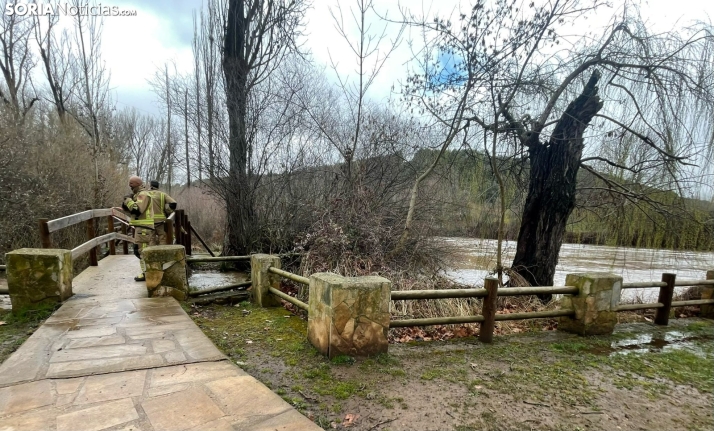 Los bomberos realizan tareas de prevención ante el posible desbordamiento del Duero a su paso por Soria
