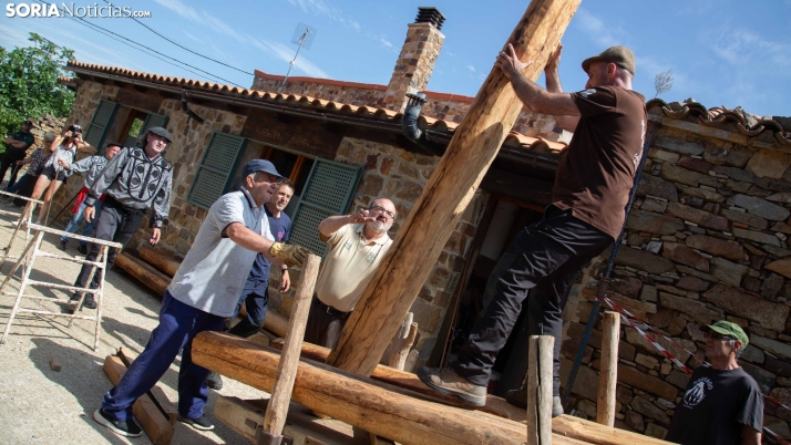 En imágenes: Sarnago homenajea al transporte tradicional de madera y recibe una viga muy importante para su futuro