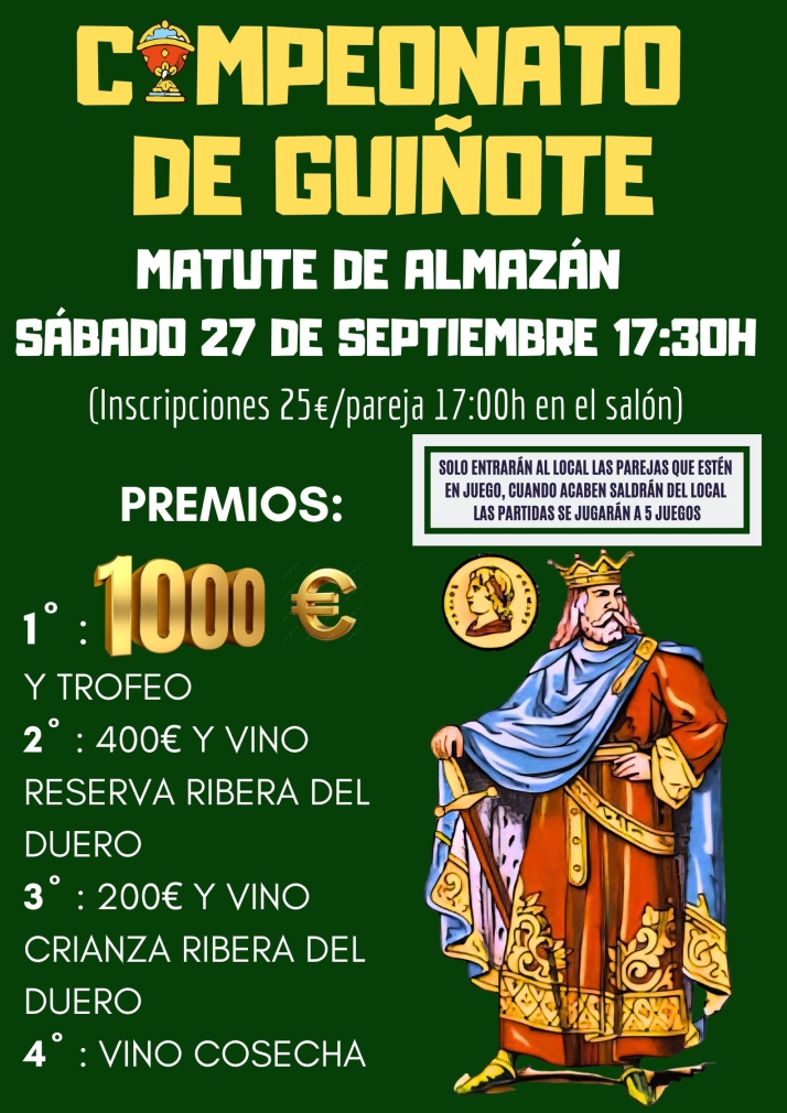 Matute de Almazán organiza un campeonato de guiñote con 1.600 euros en premios