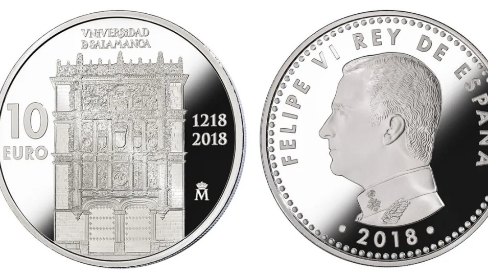 Anverso y reverso de la monedad dedicada a al Universidad de Salamanca