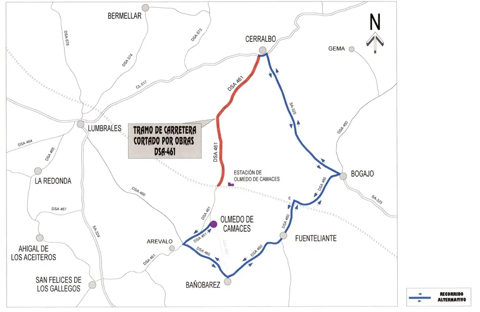 Corte de la carretera DSA-461 de Cerralbo a la Estación de Olmedo de Camaces  