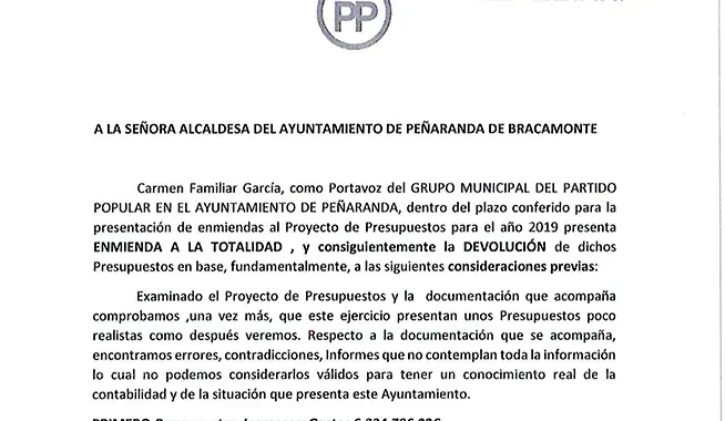 El PP ha registrado este lunes en el Ayuntamiento su enmienda a la totalidad de los Presupuestos. Imagen del documento