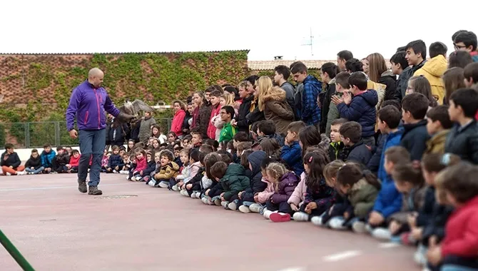 Alumnos del Colegio La Encarnación participaban en una exhibición con aves celebrada en el patio del centro