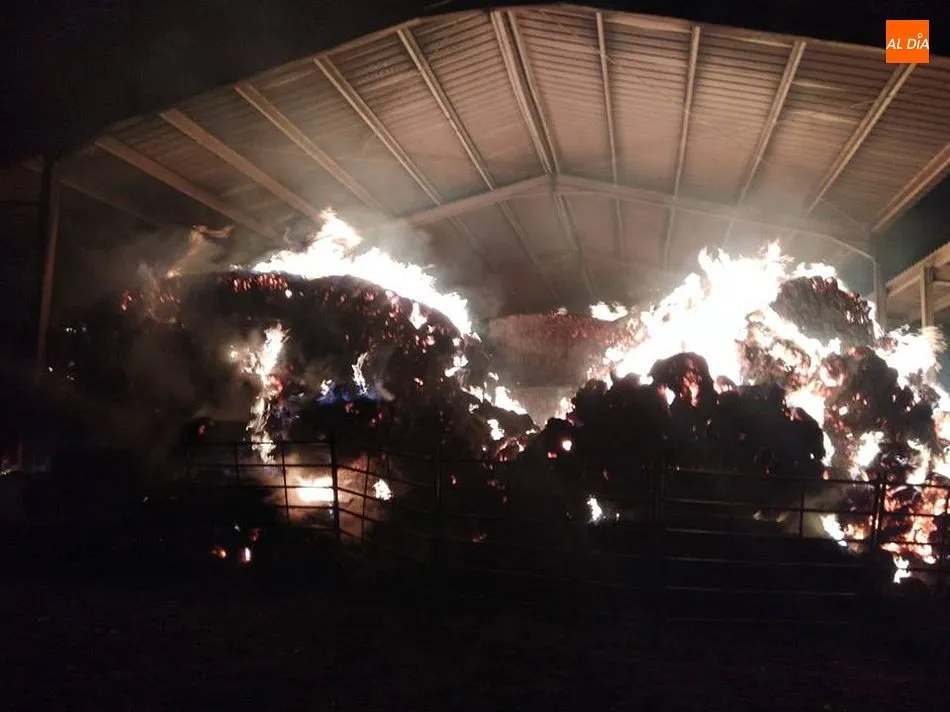 Imagen de la nave de paja en pleno incendio en La Cabeza de Béjar. Foto: Bomberos Guijuelo